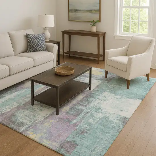 Teal Ivory And Purple Abstract Washable Area Rug With UV Protection Photo 6