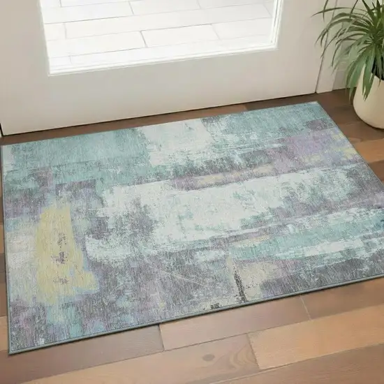 Teal Ivory And Purple Abstract Washable Area Rug With UV Protection Photo 2