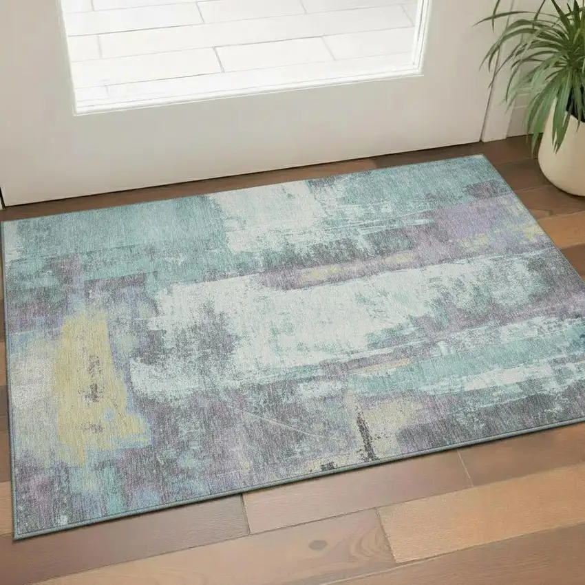 Teal Ivory And Purple Abstract Washable Area Rug With UV Protection Photo 2