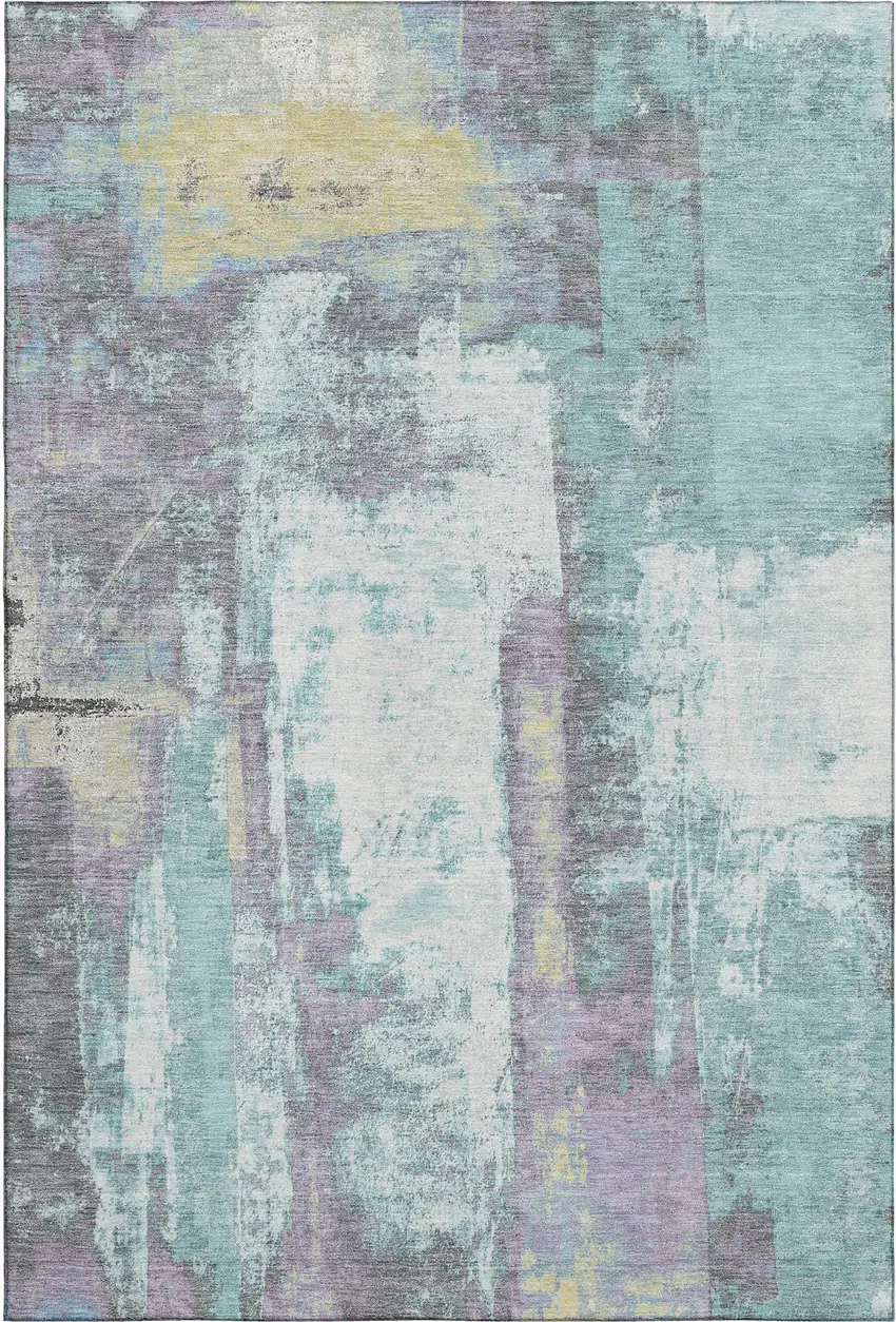 Teal Ivory And Purple Abstract Washable Area Rug With UV Protection Photo 1