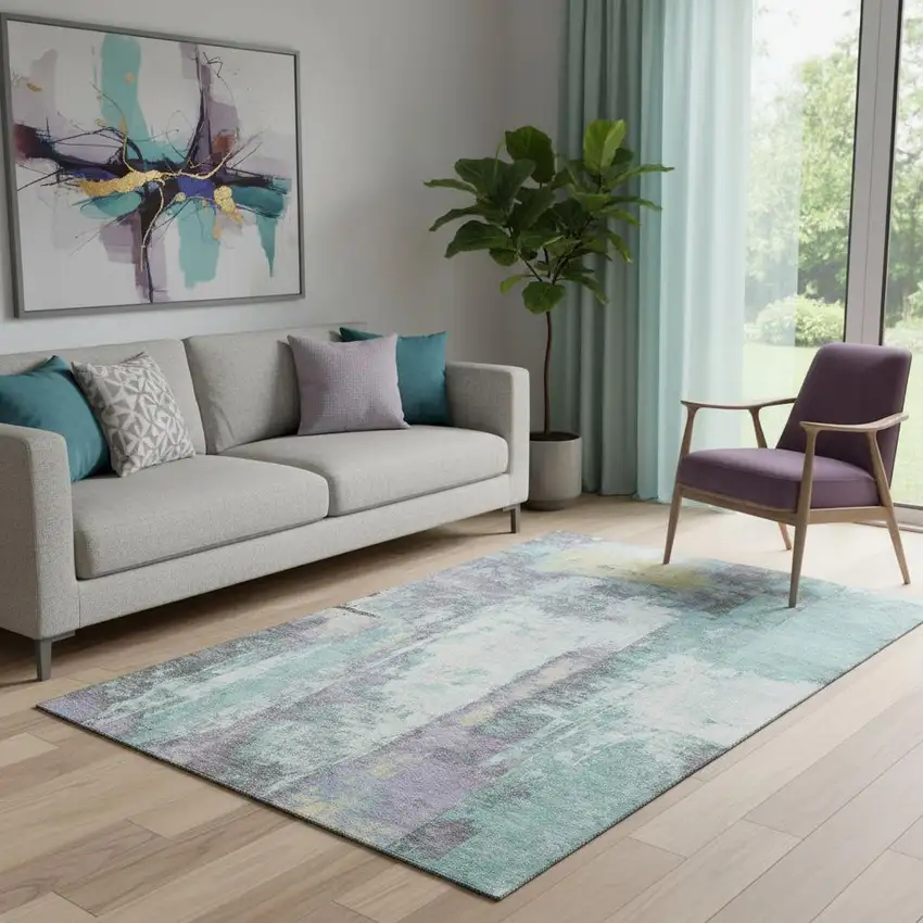 Teal Ivory And Purple Abstract Washable Area Rug With UV Protection Photo 2