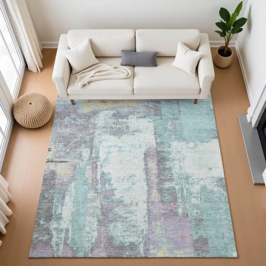 Teal Ivory And Purple Abstract Washable Area Rug With UV Protection Photo 5