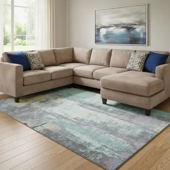 Teal Ivory And Purple Abstract Washable Area Rug With UV Protection Photo 2