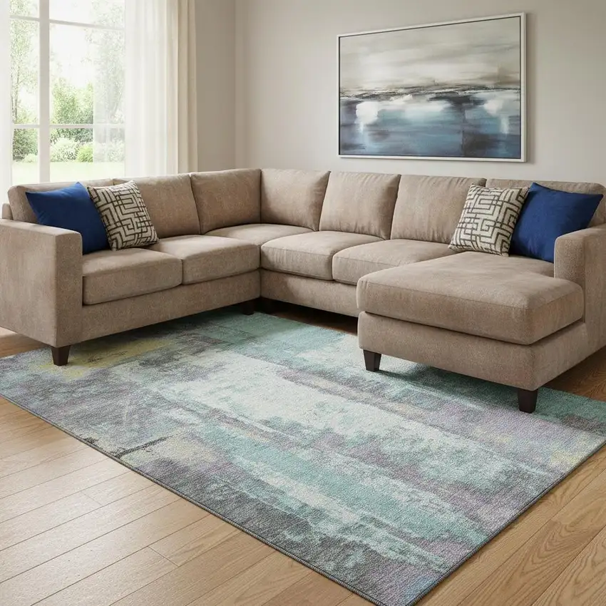 Teal Ivory And Purple Abstract Washable Area Rug With UV Protection Photo 2