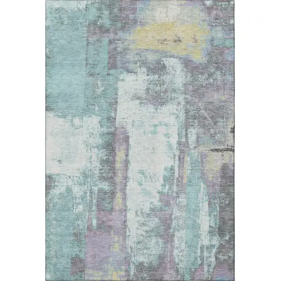 Teal Ivory And Purple Abstract Washable Area Rug With UV Protection Photo 4