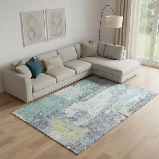 Teal Ivory And Purple Abstract Washable Area Rug With UV Protection Photo 2