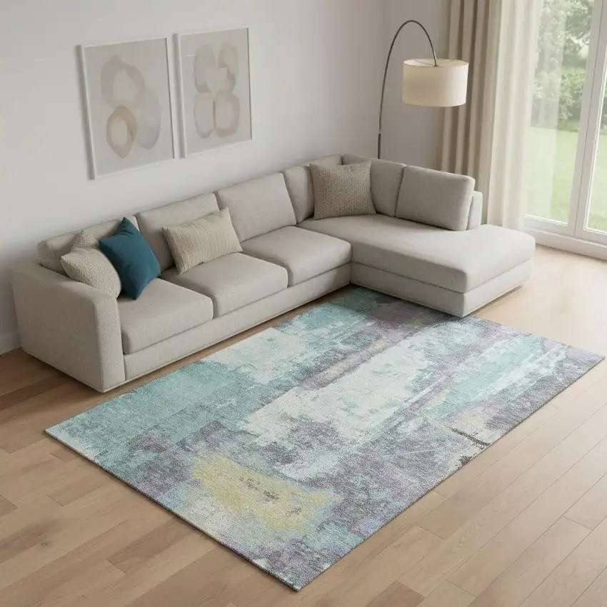 Teal Ivory And Purple Abstract Washable Area Rug With UV Protection Photo 2