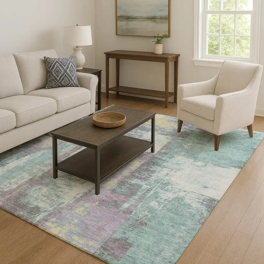 Teal Ivory And Purple Abstract Washable Area Rug With UV Protection Photo 6
