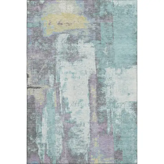 Teal Ivory And Purple Abstract Washable Area Rug With UV Protection Photo 1