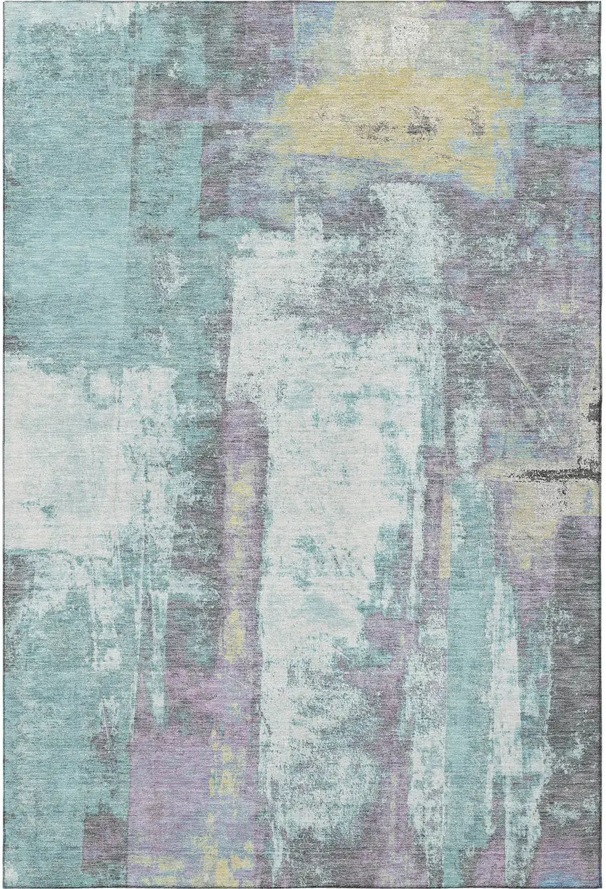 Teal Ivory And Purple Abstract Washable Area Rug With UV Protection Photo 4