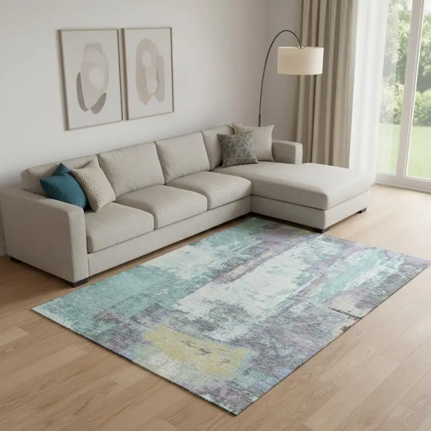 Teal Ivory And Purple Abstract Washable Area Rug With UV Protection Photo 2