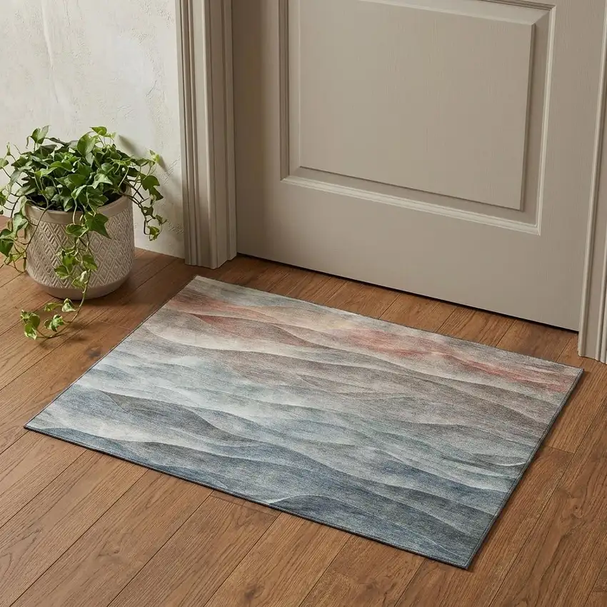 Teal Ivory And Salmon Abstract Washable Area Rug With UV Protection Photo 1