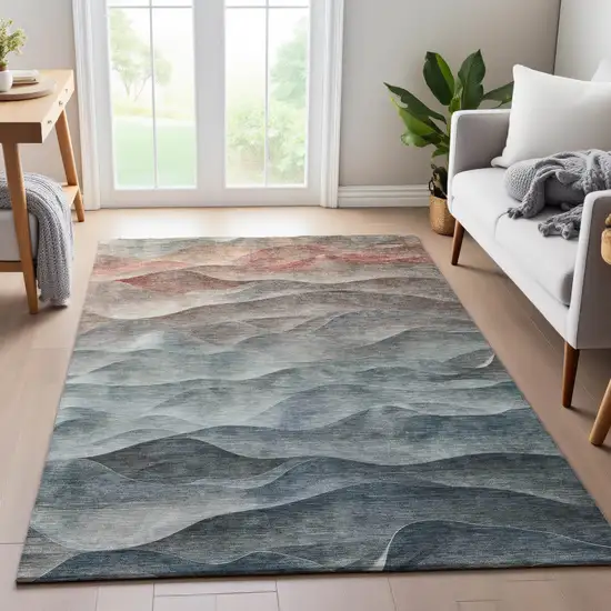 Teal Ivory And Salmon Abstract Washable Area Rug With UV Protection Photo 5