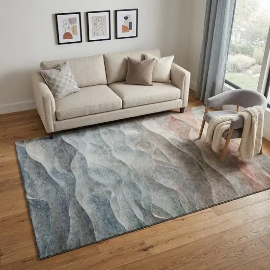 Teal Ivory And Salmon Abstract Washable Area Rug With UV Protection Photo 1