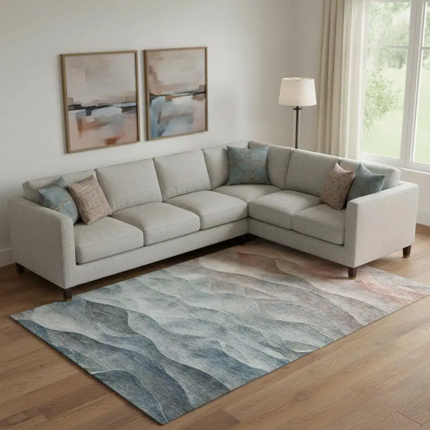 Teal Ivory And Salmon Abstract Washable Area Rug With UV Protection Photo 2