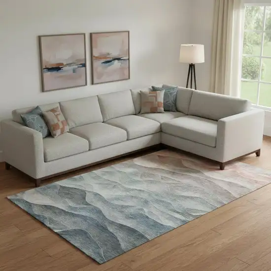 Teal Ivory And Salmon Abstract Washable Area Rug With UV Protection Photo 2