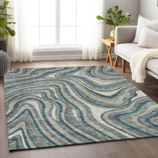 Teal Ivory And Taupe Marble Washable Area Rug With UV Protection Photo 4