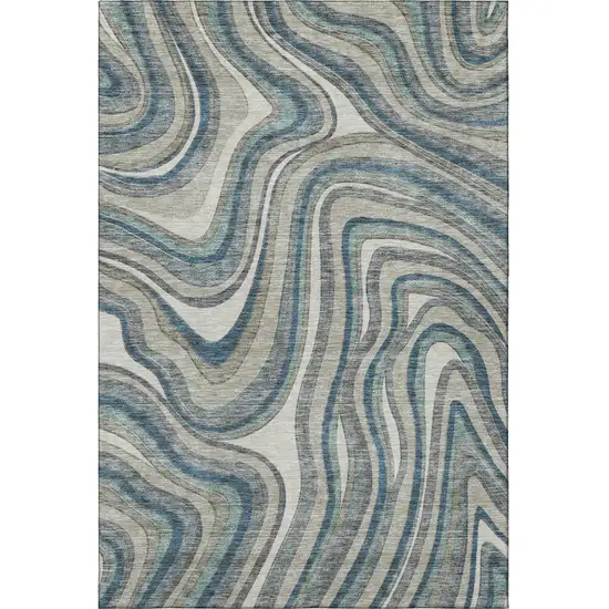 Teal Ivory And Taupe Marble Washable Area Rug With UV Protection Photo 3