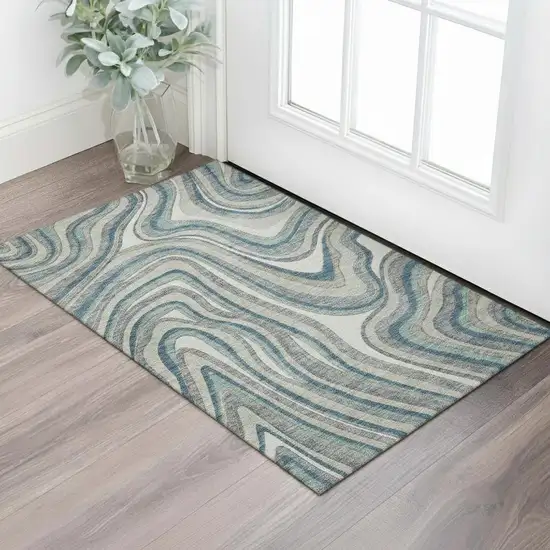 Teal Ivory And Taupe Marble Washable Area Rug With UV Protection Photo 1