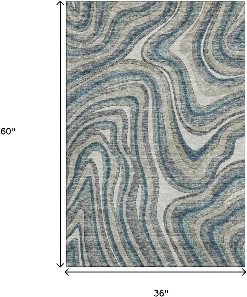 Teal Ivory And Taupe Marble Washable Area Rug With UV Protection Photo 3