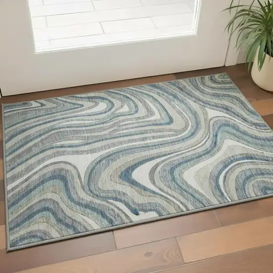 Teal Ivory And Taupe Marble Washable Area Rug With UV Protection Photo 2