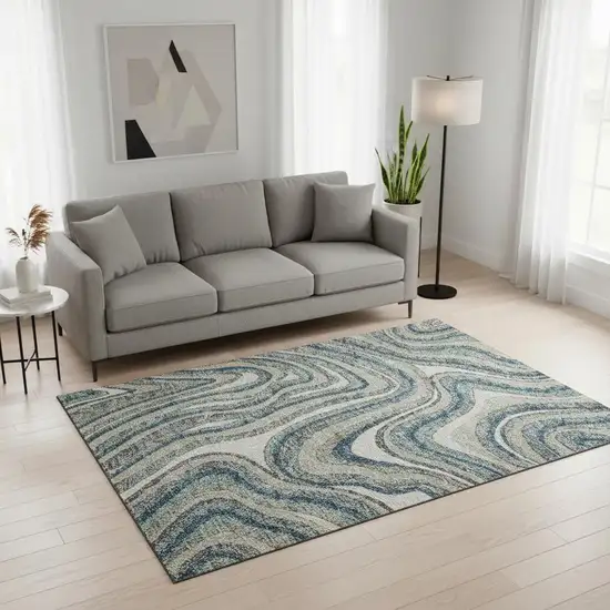 Teal Ivory And Taupe Marble Washable Area Rug With UV Protection Photo 2