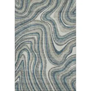 Photo of Teal Ivory And Taupe Marble Washable Area Rug With UV Protection
