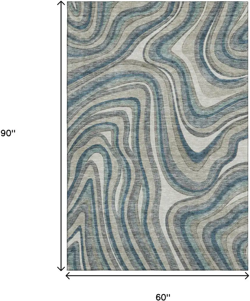 Teal Ivory And Taupe Marble Washable Area Rug With UV Protection Photo 3