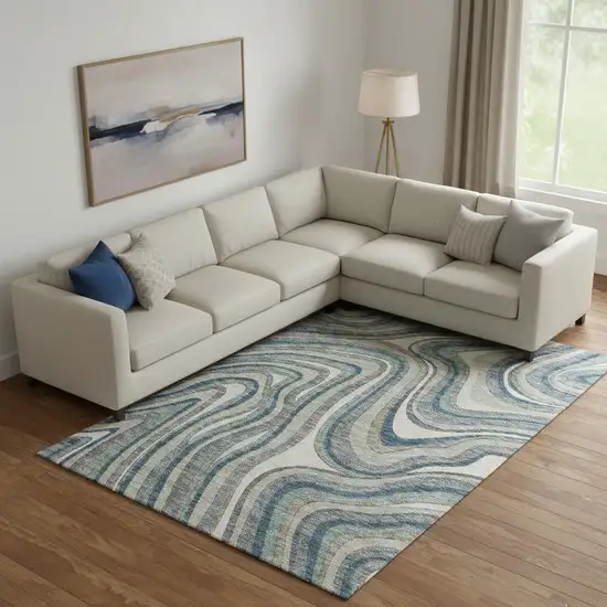 Teal Ivory And Taupe Marble Washable Area Rug With UV Protection Photo 1