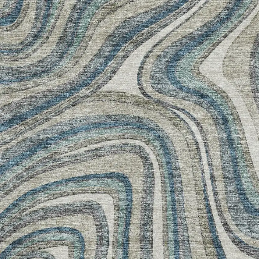 Teal Ivory And Taupe Marble Washable Area Rug With UV Protection Photo 3