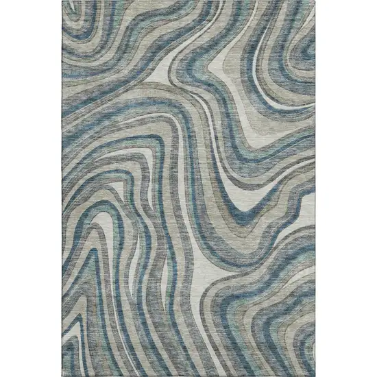 Teal Ivory And Taupe Marble Washable Area Rug With UV Protection Photo 1