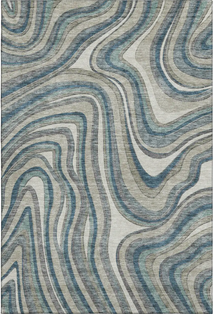 Teal Ivory And Taupe Marble Washable Area Rug With UV Protection Photo 1