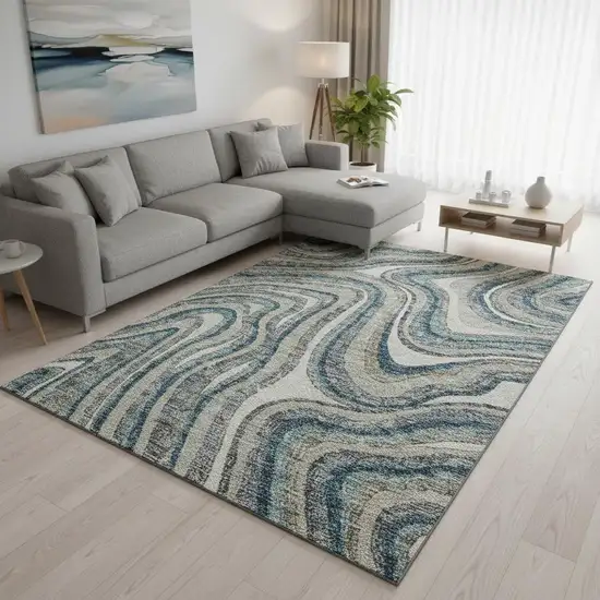 Teal Ivory And Taupe Marble Washable Area Rug With UV Protection Photo 2