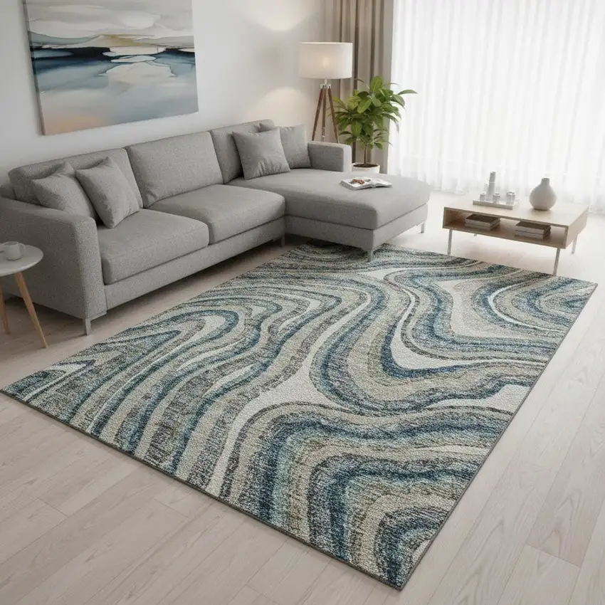 Teal Ivory And Taupe Marble Washable Area Rug With UV Protection Photo 2