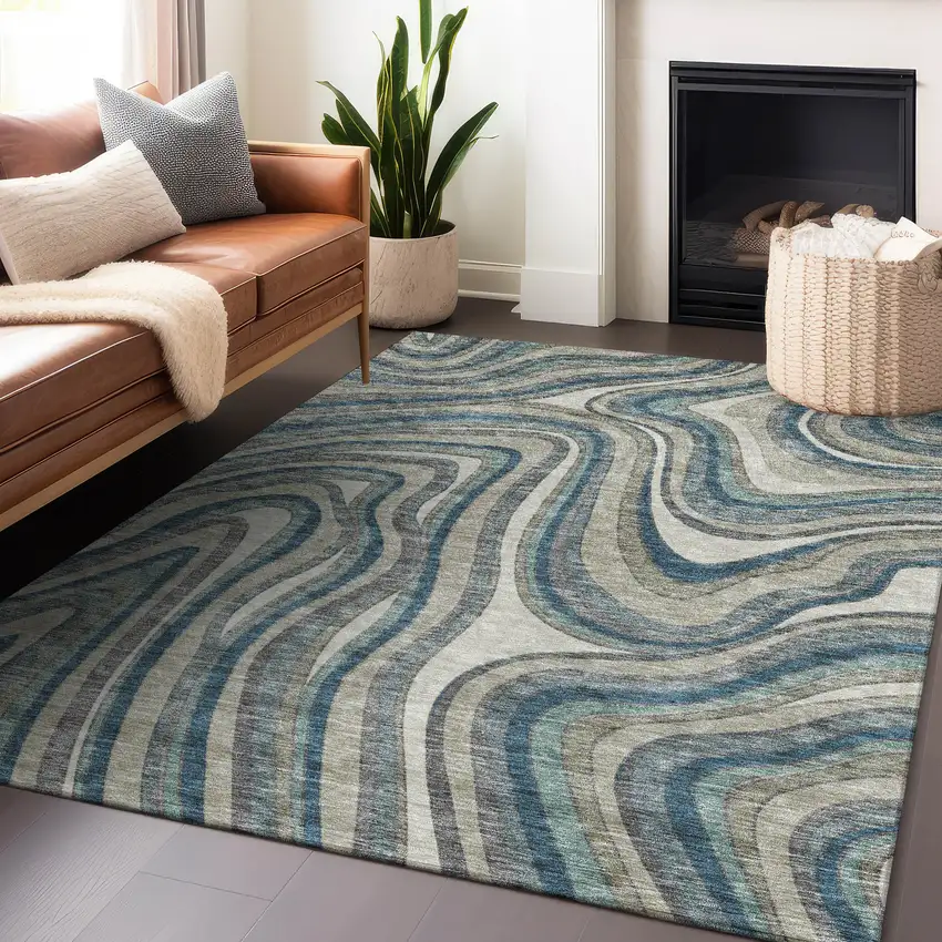 Teal Ivory And Taupe Marble Washable Area Rug With UV Protection Photo 6