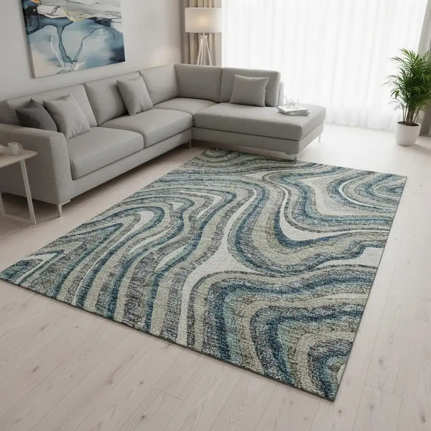 Teal Ivory And Taupe Marble Washable Area Rug With UV Protection Photo 2