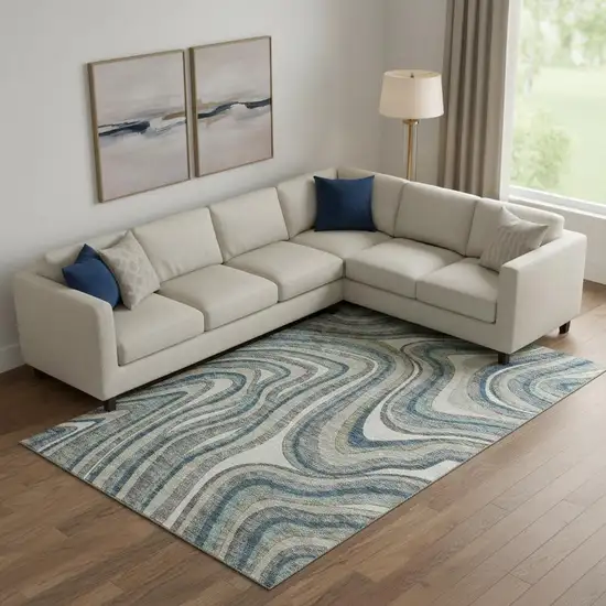 Teal Ivory And Taupe Marble Washable Area Rug With UV Protection Photo 1