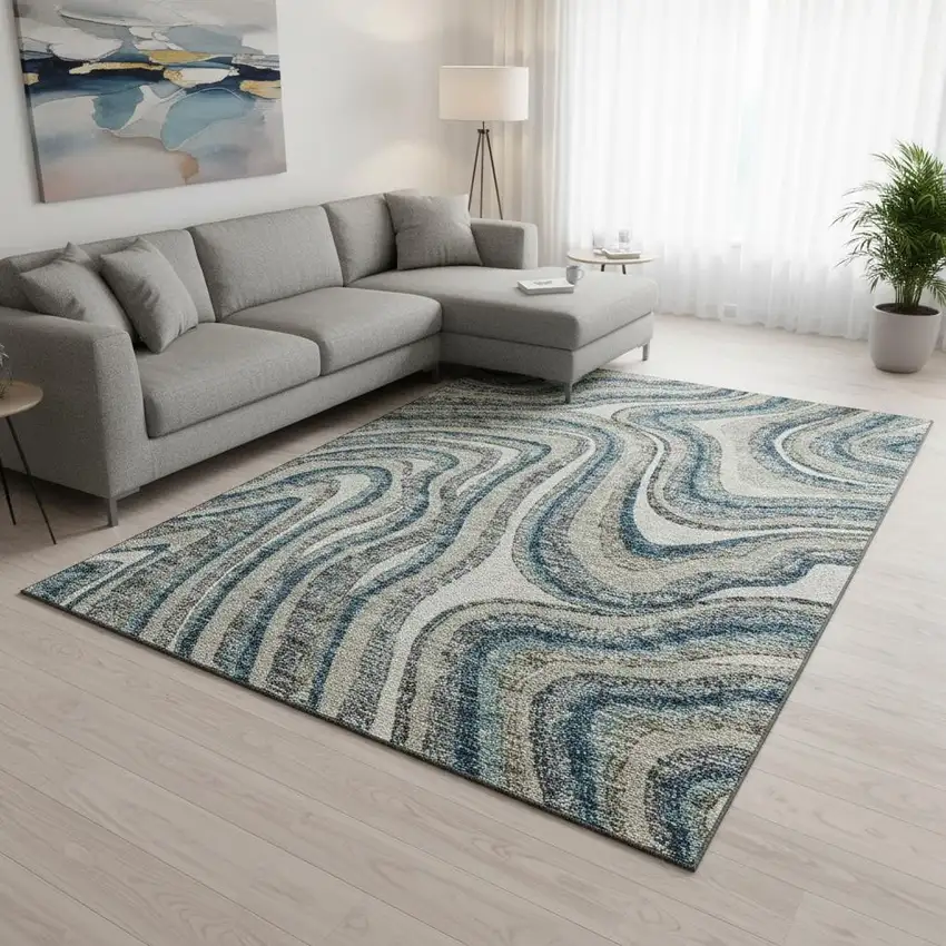 Teal Ivory And Taupe Marble Washable Area Rug With UV Protection Photo 2