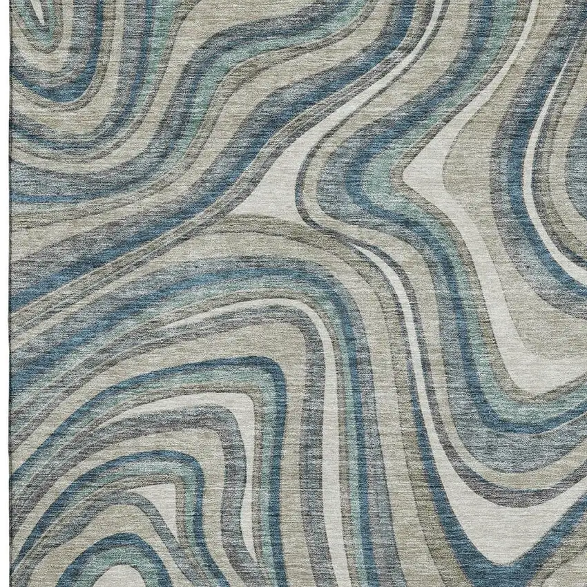 Teal Ivory And Taupe Marble Washable Area Rug With UV Protection Photo 3