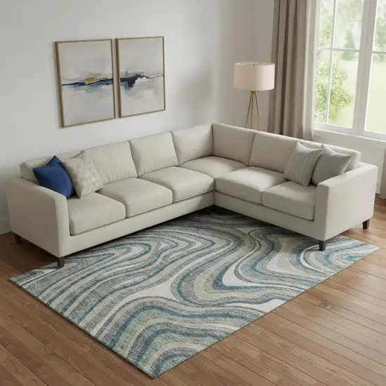 Teal Ivory And Taupe Marble Washable Area Rug With UV Protection Photo 1