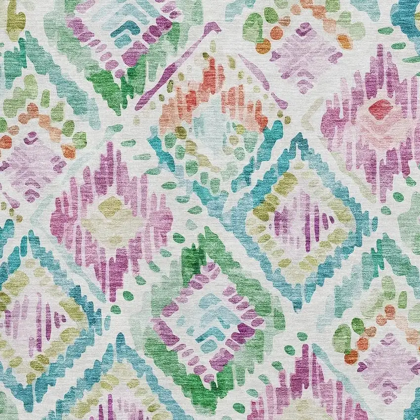 Teal Ivory Green And Purple Geometric Washable Area Rug With UV Protection Photo 2
