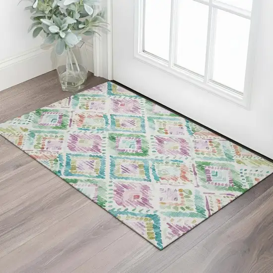 Teal Ivory Green And Purple Geometric Washable Area Rug With UV Protection Photo 2