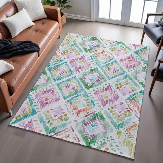 Teal Ivory Green And Purple Geometric Washable Area Rug With UV Protection Photo 5