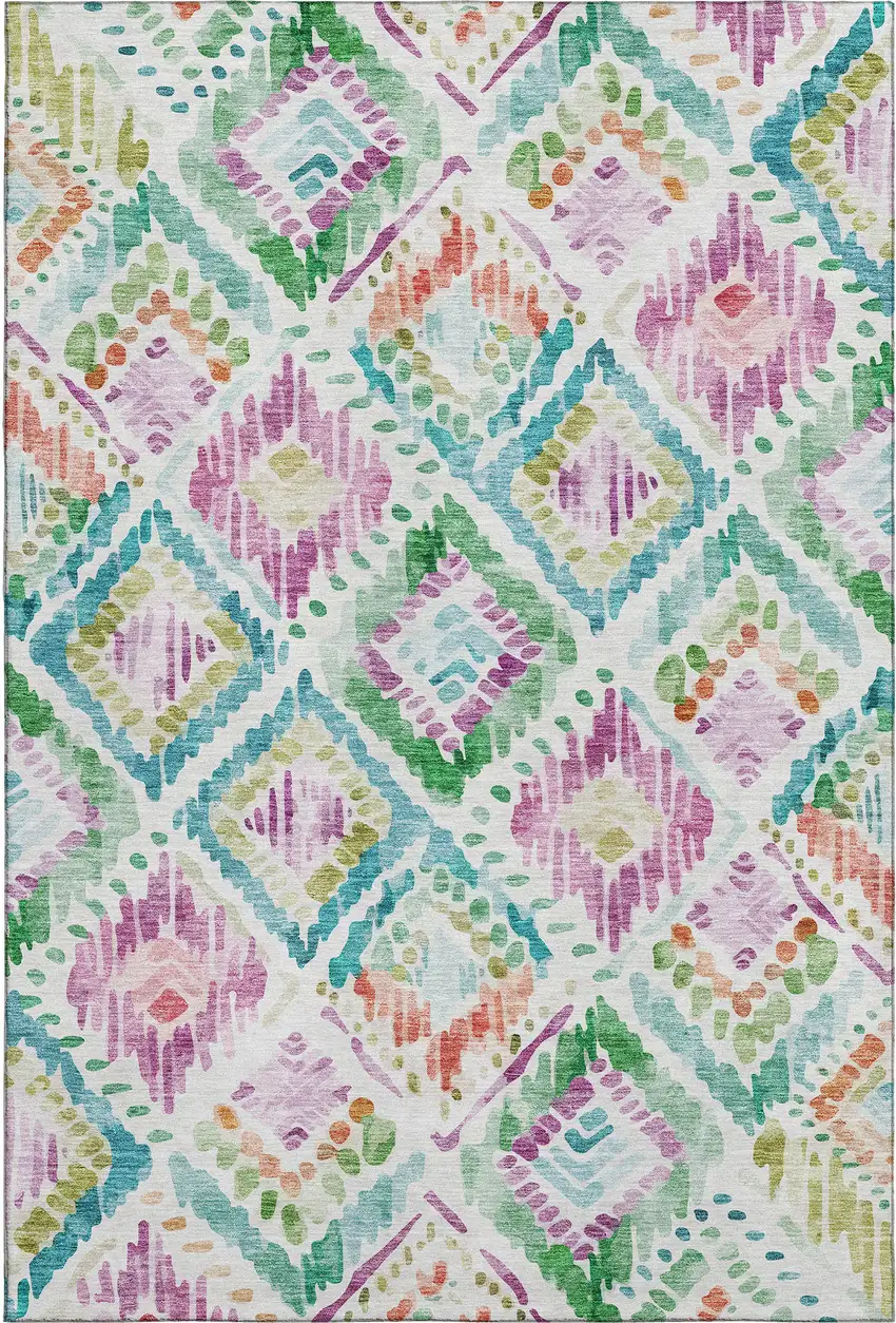 Teal Ivory Green And Purple Geometric Washable Area Rug With UV Protection Photo 1