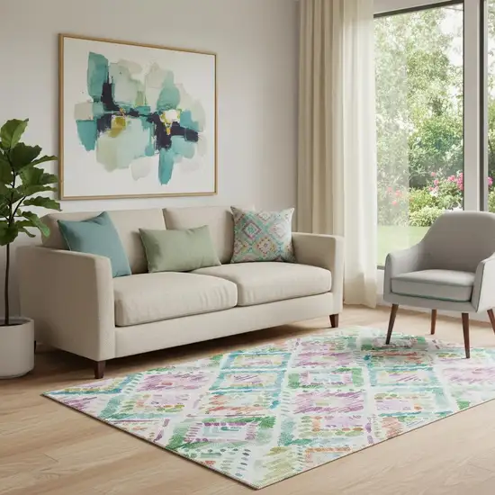 Teal Ivory Green And Purple Geometric Washable Area Rug With UV Protection Photo 2