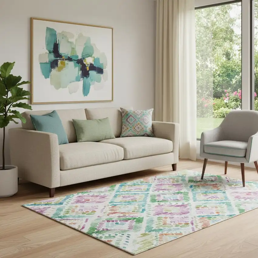 Teal Ivory Green And Purple Geometric Washable Area Rug With UV Protection Photo 2