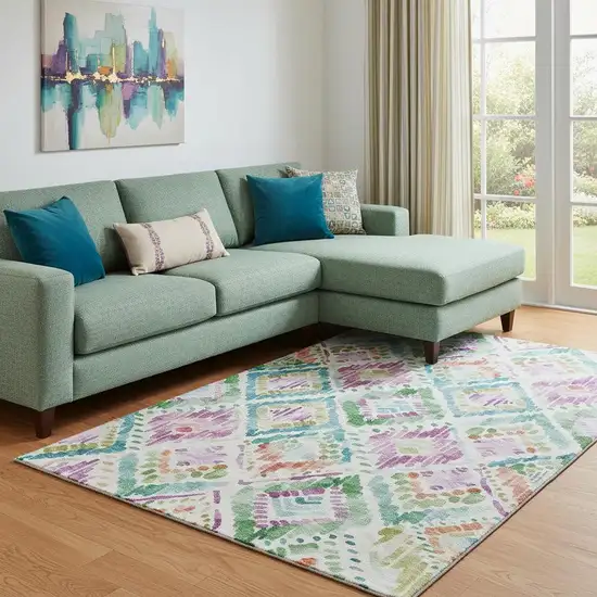 Teal Ivory Green And Purple Geometric Washable Area Rug With UV Protection Photo 2
