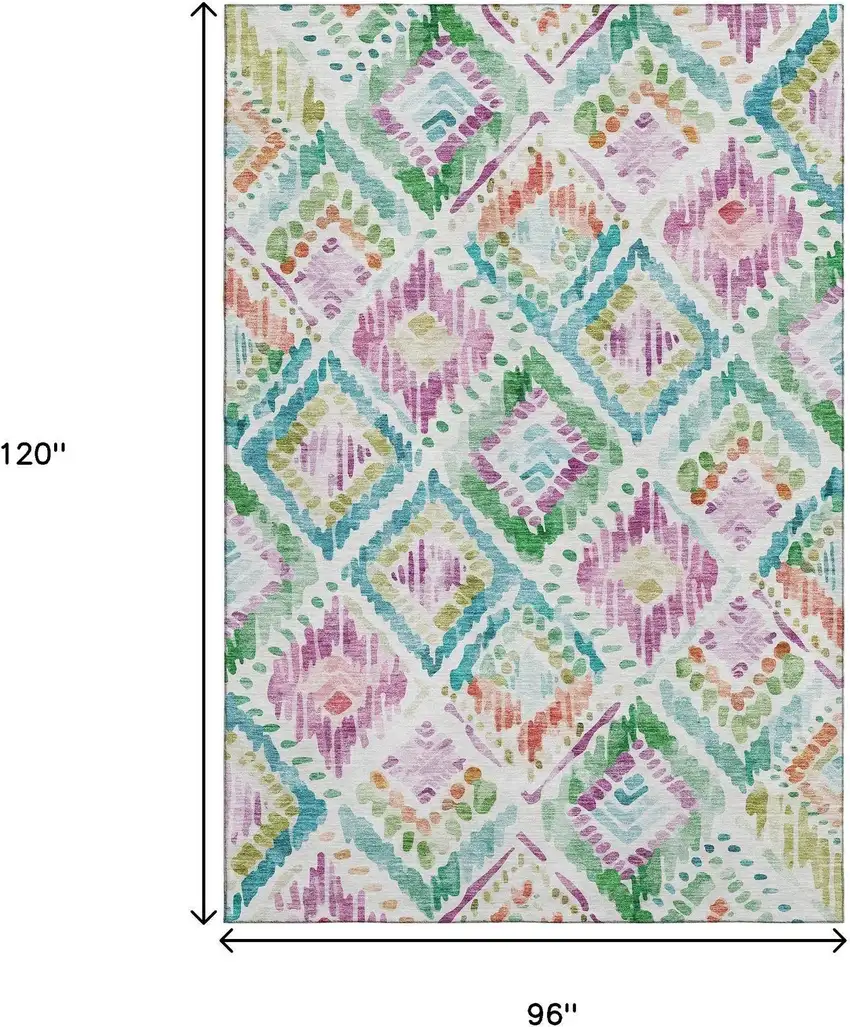 Teal Ivory Green And Purple Geometric Washable Area Rug With UV Protection Photo 6