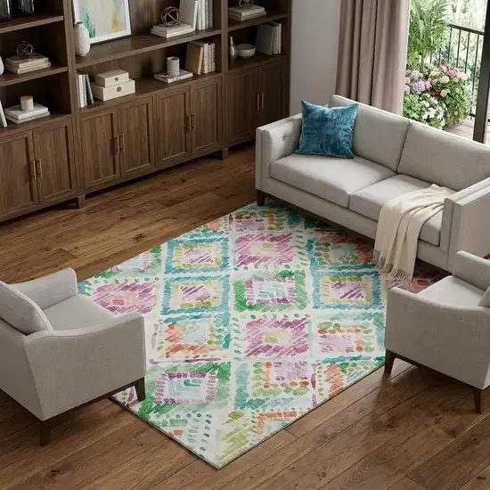 Teal Ivory Green And Purple Geometric Washable Area Rug With UV Protection Photo 1
