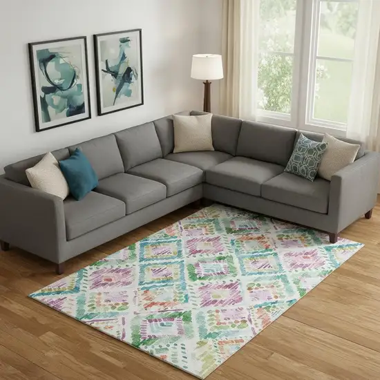 Teal Ivory Green And Purple Geometric Washable Area Rug With UV Protection Photo 2